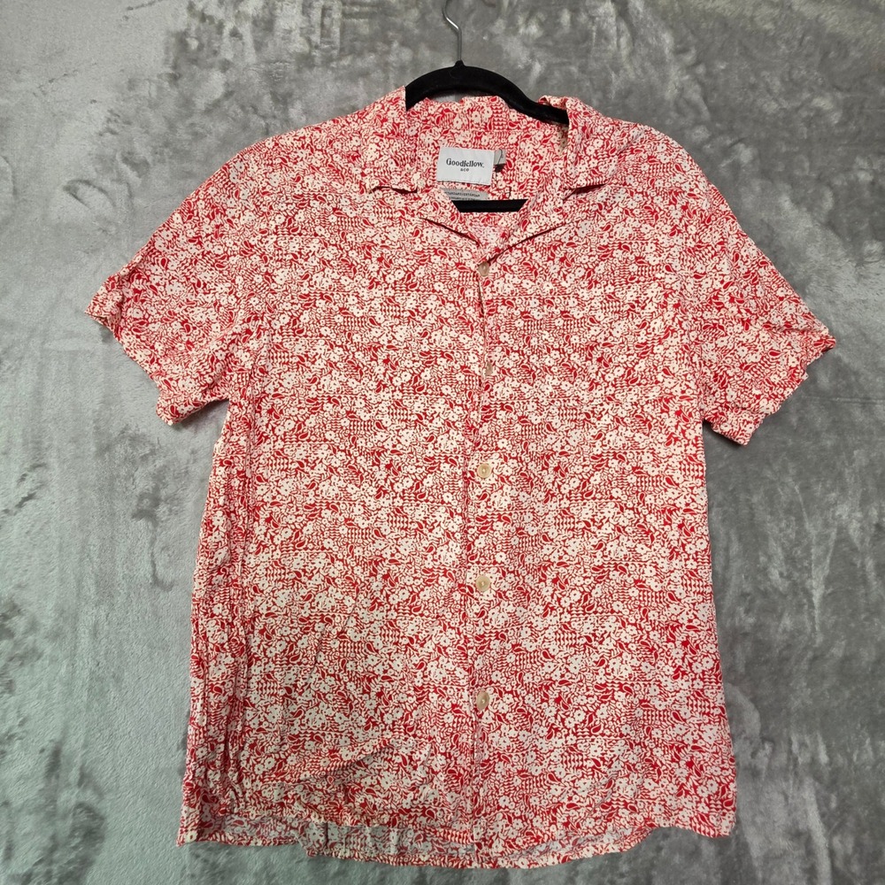 Goodfellow & Co Mens Red White Floral Paisley Rayon Camp Collar Shirt Small